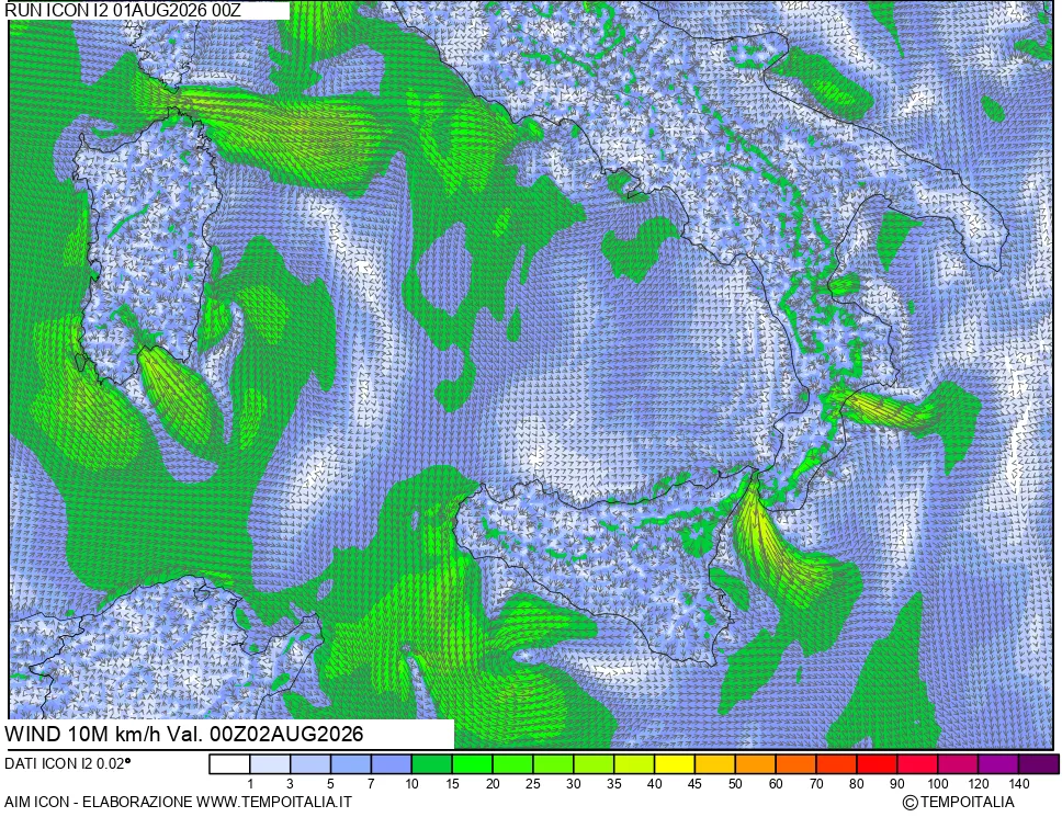mappa 10 m Vento forza e direzione