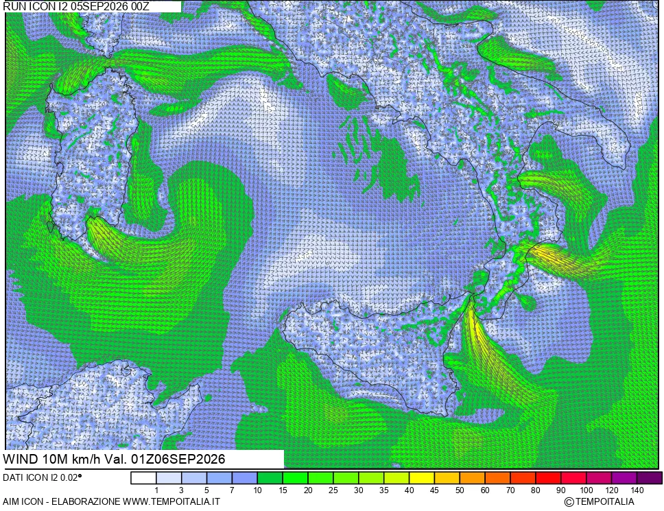 mappa 10 m Vento forza e direzione