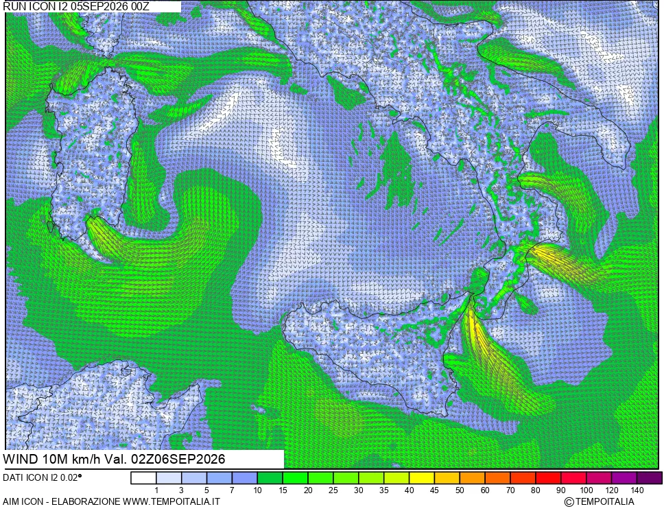 mappa 10 m Vento forza e direzione