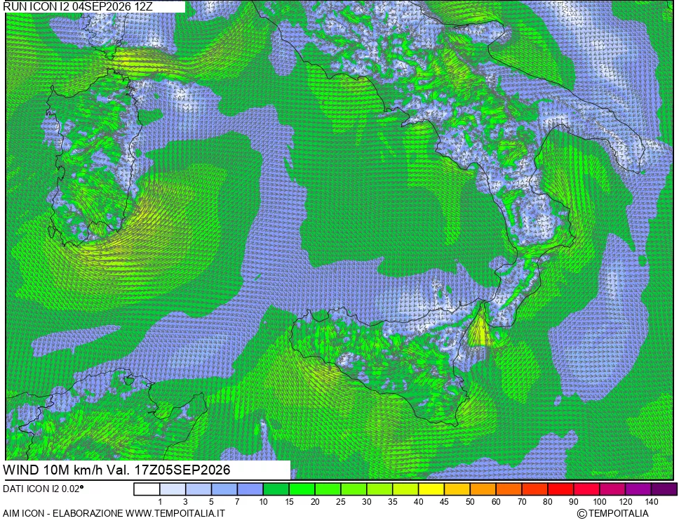 mappa 10 m Vento forza e direzione
