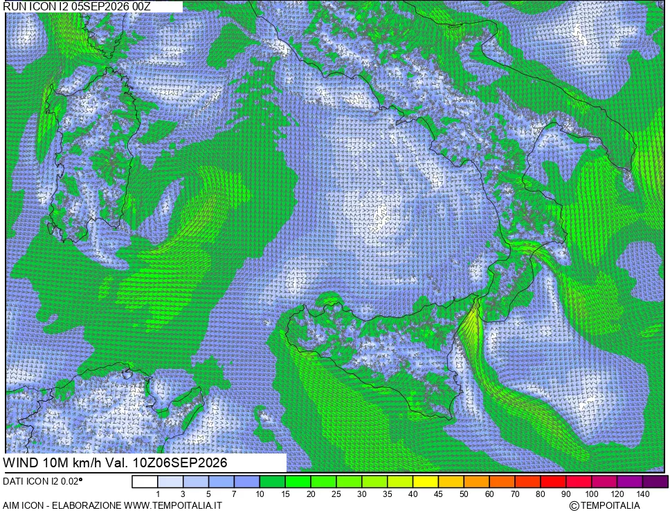 mappa 10 m Vento forza e direzione
