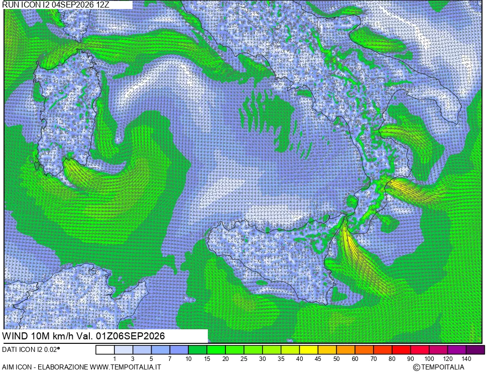 mappa 10 m Vento forza e direzione