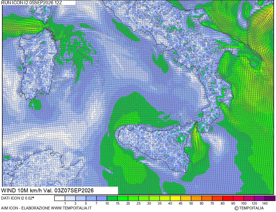 mappa 10 m Vento forza e direzione
