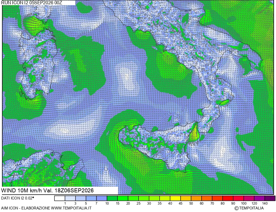 mappa 10 m Vento forza e direzione