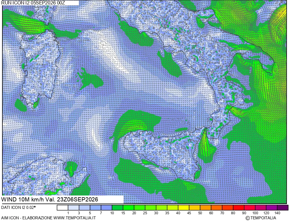 mappa 10 m Vento forza e direzione