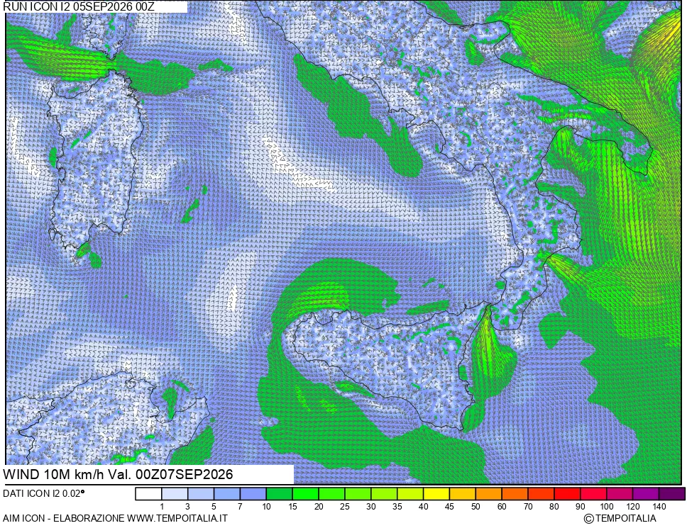 mappa 10 m Vento forza e direzione