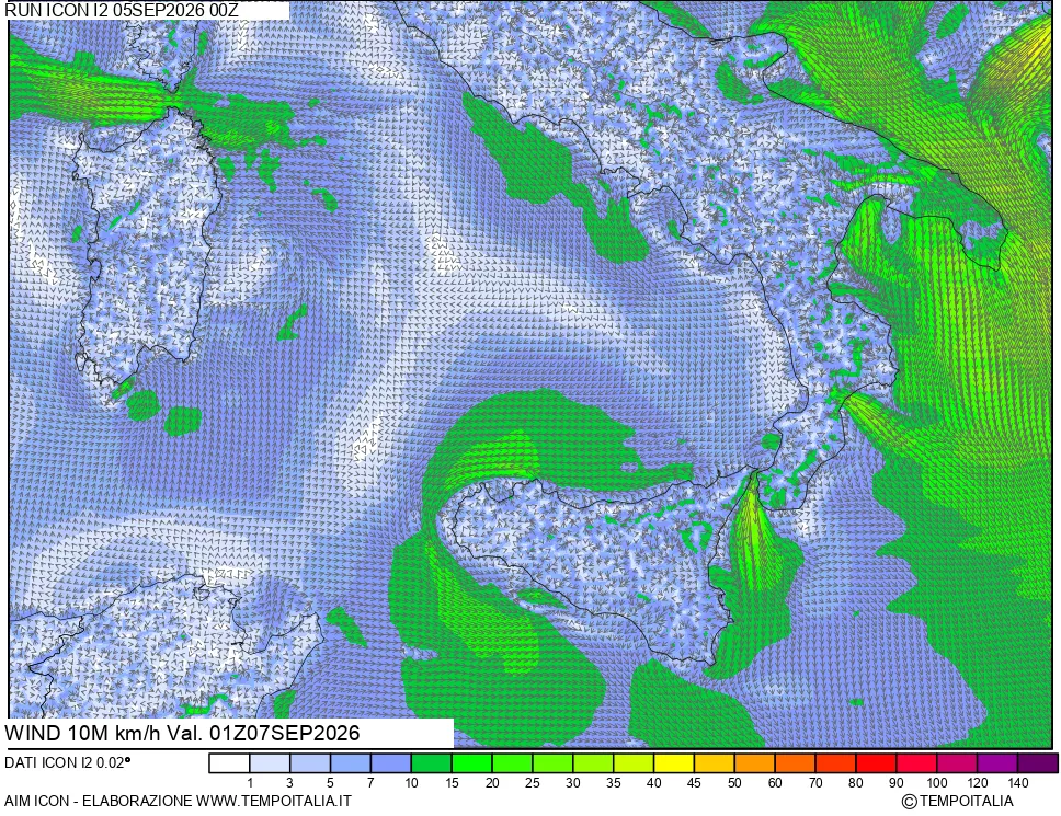 mappa 10 m Vento forza e direzione