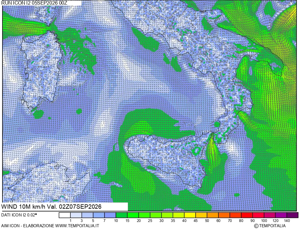 mappa 10 m Vento forza e direzione