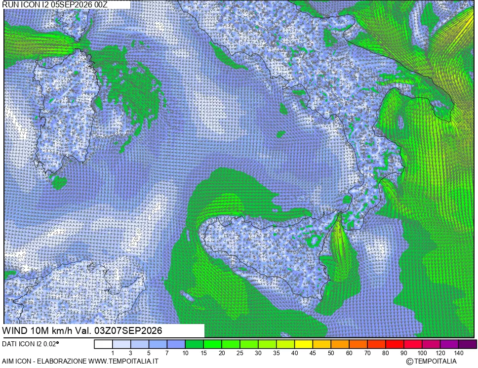 mappa 10 m Vento forza e direzione