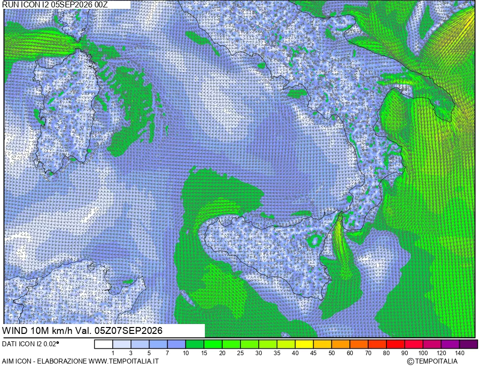 mappa 10 m Vento forza e direzione