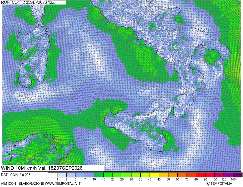 mappa 10 m Vento forza e direzione