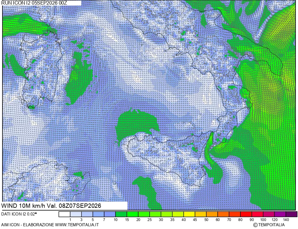 mappa 10 m Vento forza e direzione
