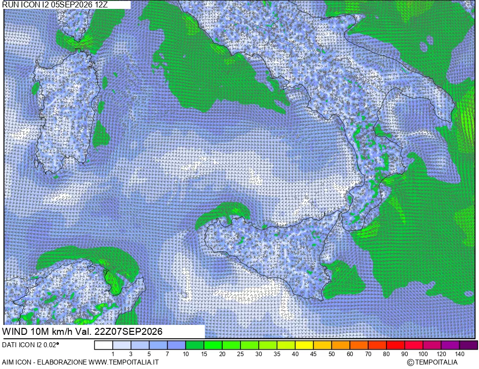mappa 10 m Vento forza e direzione