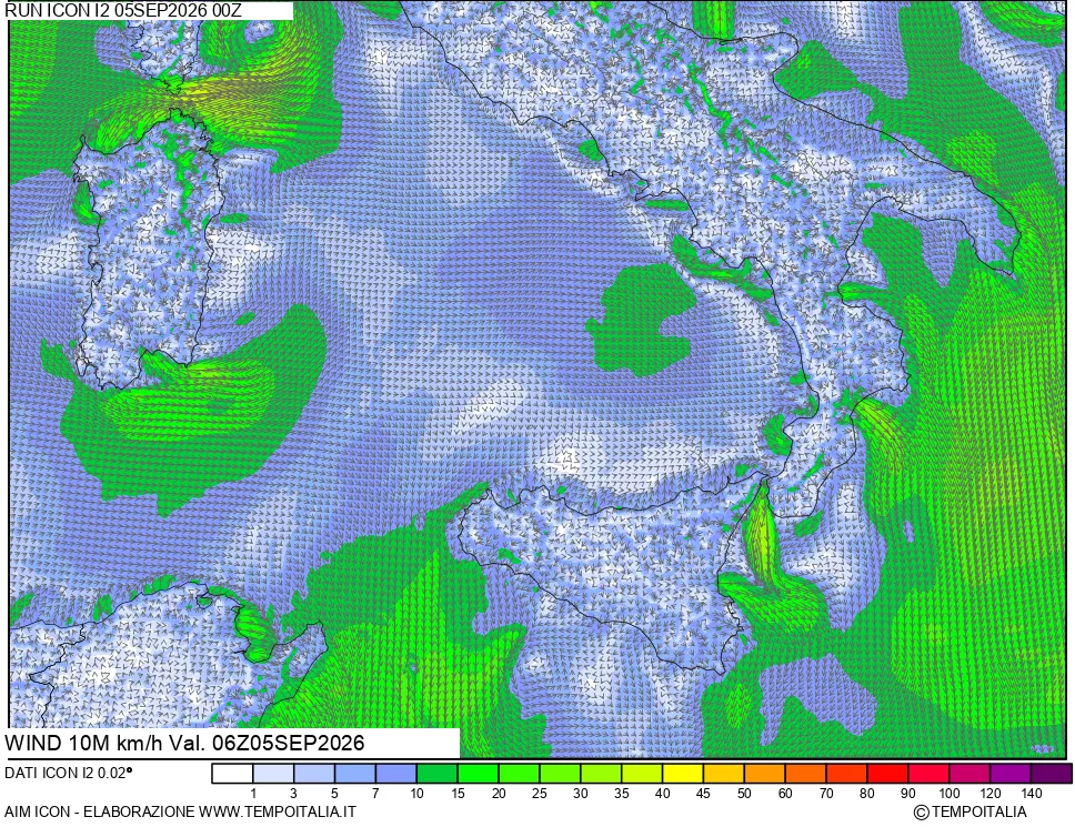 mappa 10 m Vento forza e direzione