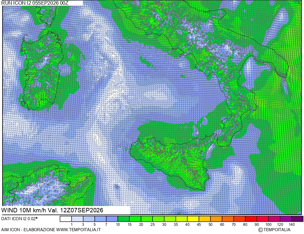 mappa 10 m Vento forza e direzione