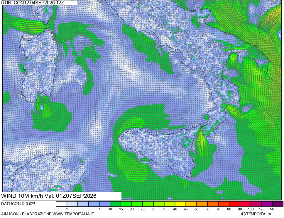 mappa 10 m Vento forza e direzione