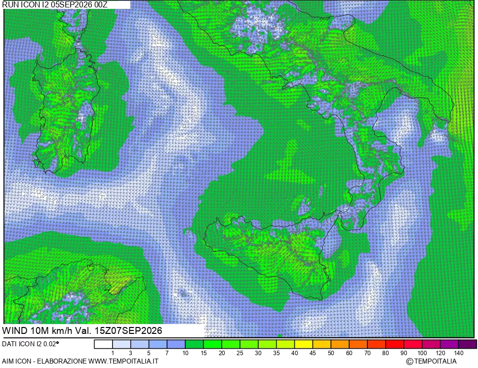 mappa 10 m Vento forza e direzione