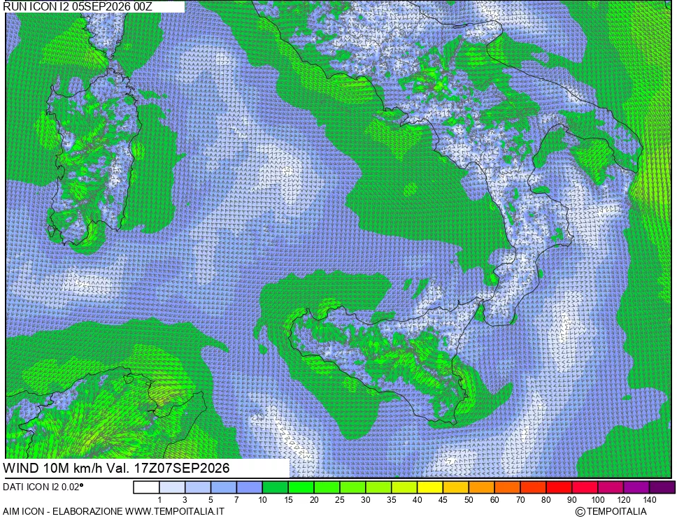 mappa 10 m Vento forza e direzione