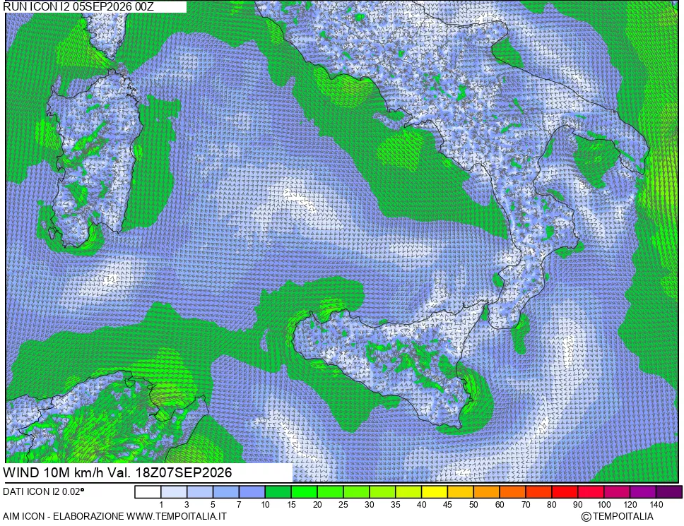 mappa 10 m Vento forza e direzione
