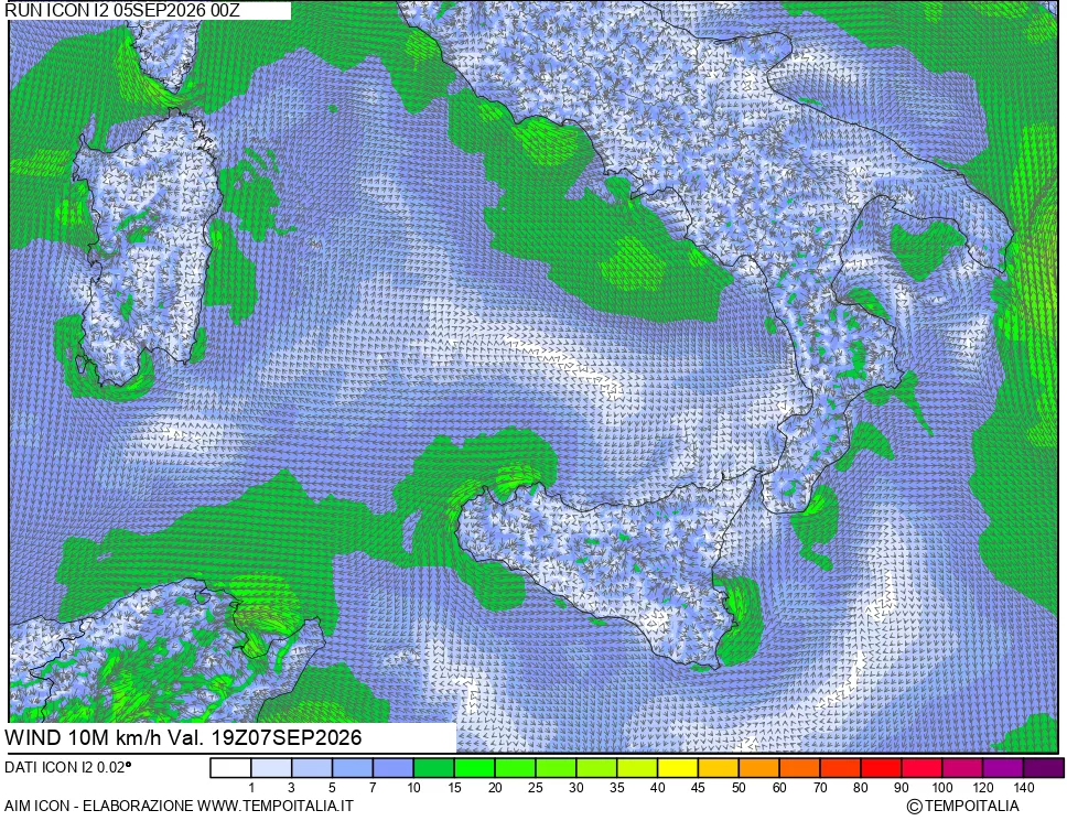 mappa 10 m Vento forza e direzione