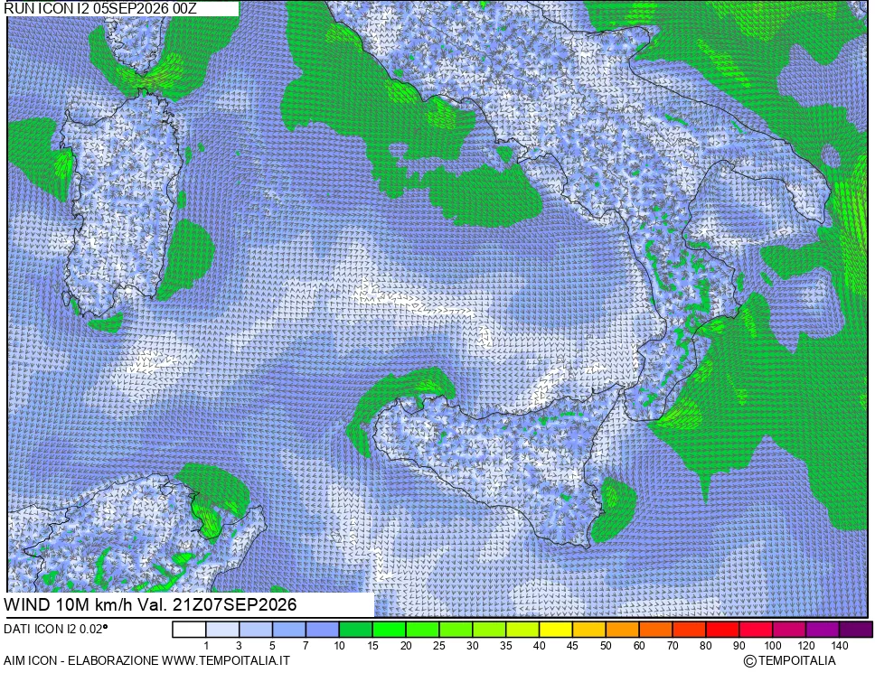 mappa 10 m Vento forza e direzione