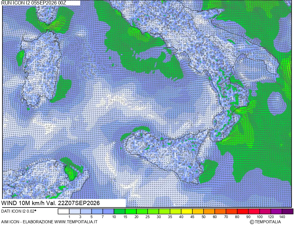 mappa 10 m Vento forza e direzione