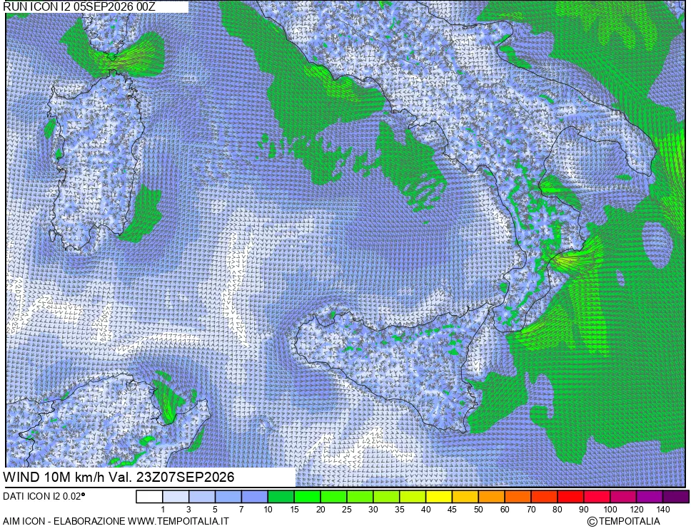 mappa 10 m Vento forza e direzione