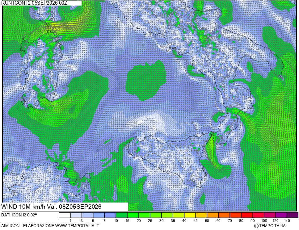 mappa 10 m Vento forza e direzione