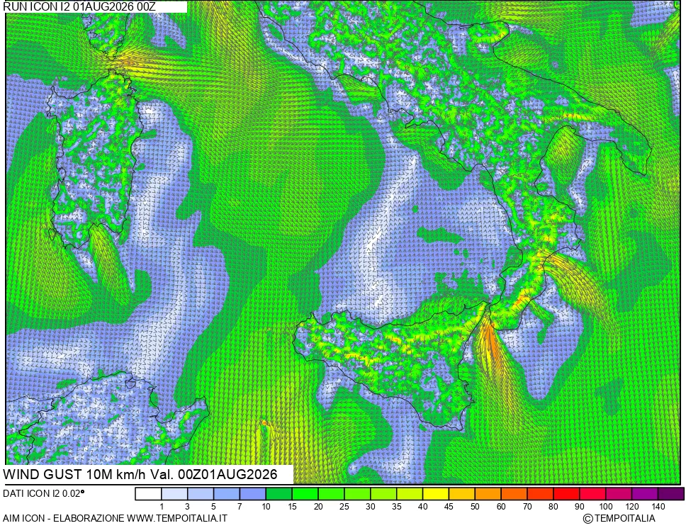mappa 10 m Vento raffica massima