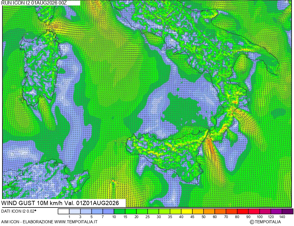 mappa 10 m Vento raffica massima