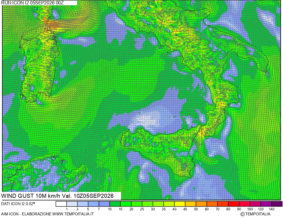 mappa 10 m Vento raffica massima