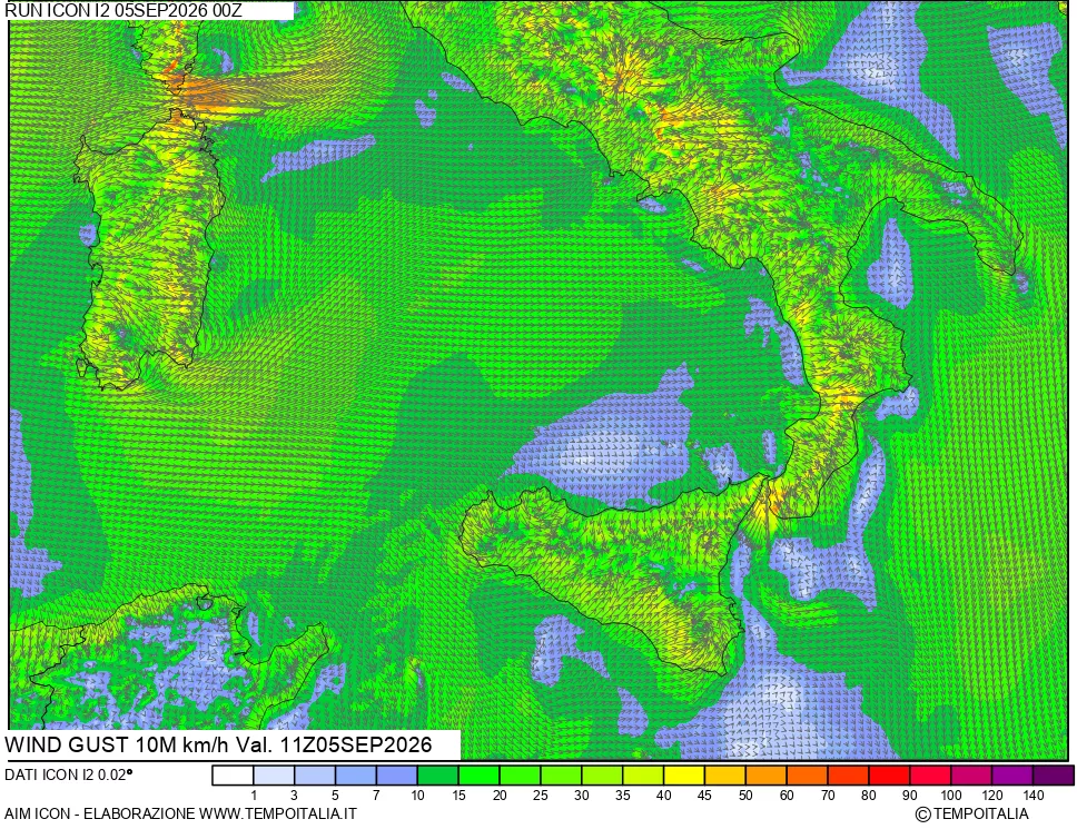 mappa 10 m Vento raffica massima