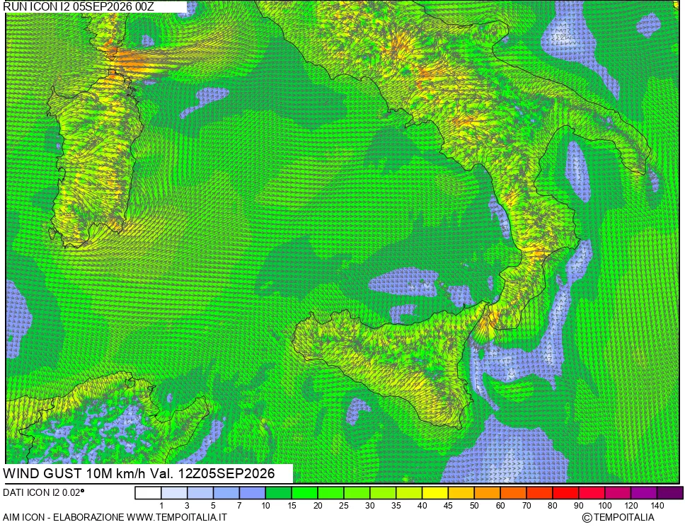 mappa 10 m Vento raffica massima