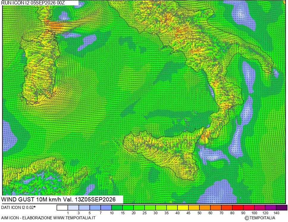 mappa 10 m Vento raffica massima