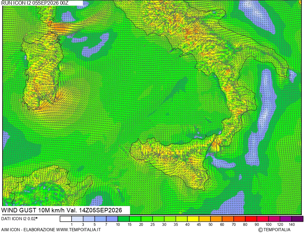 mappa 10 m Vento raffica massima
