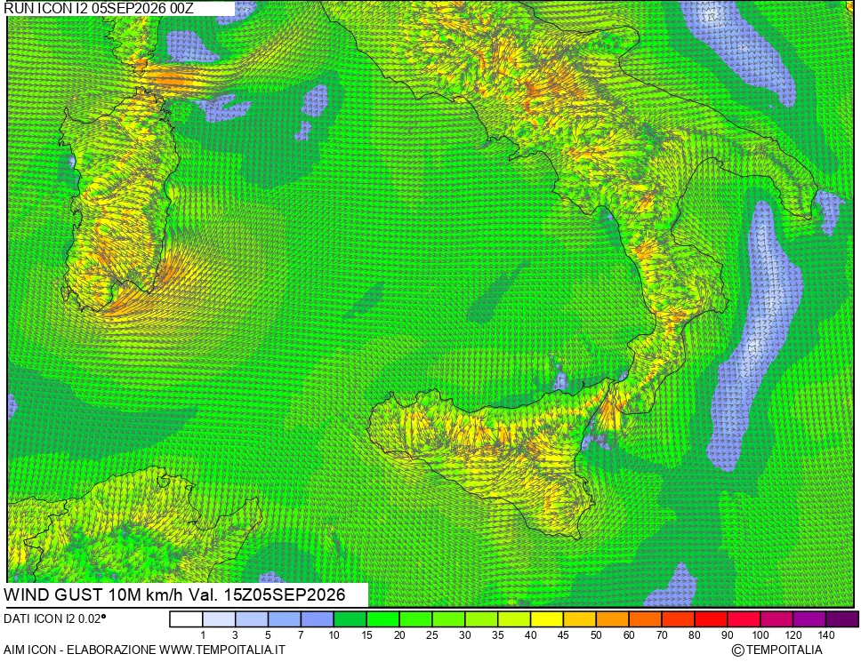 mappa 10 m Vento raffica massima