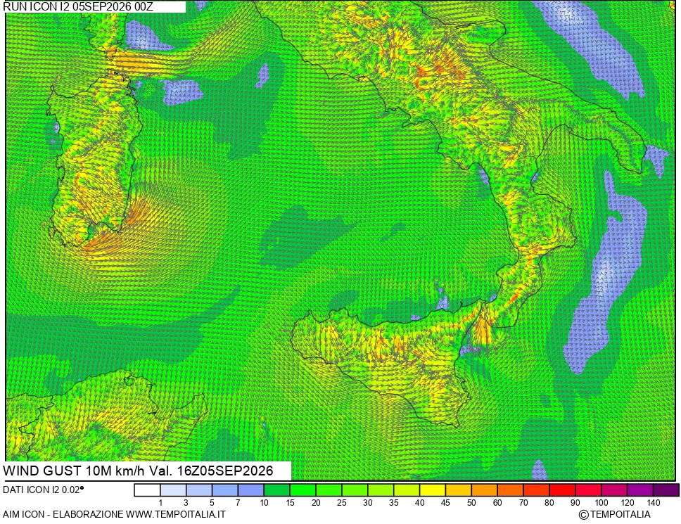 mappa 10 m Vento raffica massima