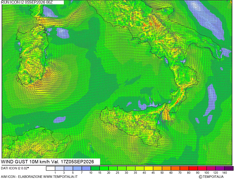 mappa 10 m Vento raffica massima
