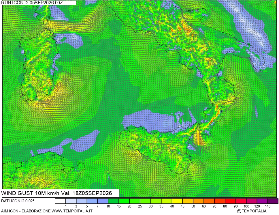 mappa 10 m Vento raffica massima