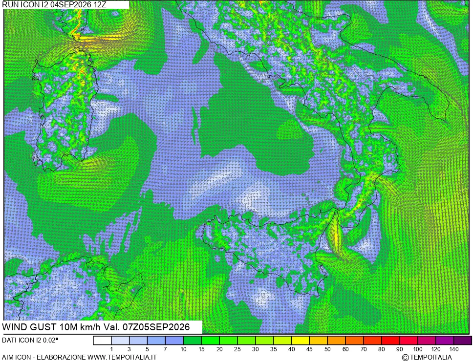 mappa 10 m Vento raffica massima