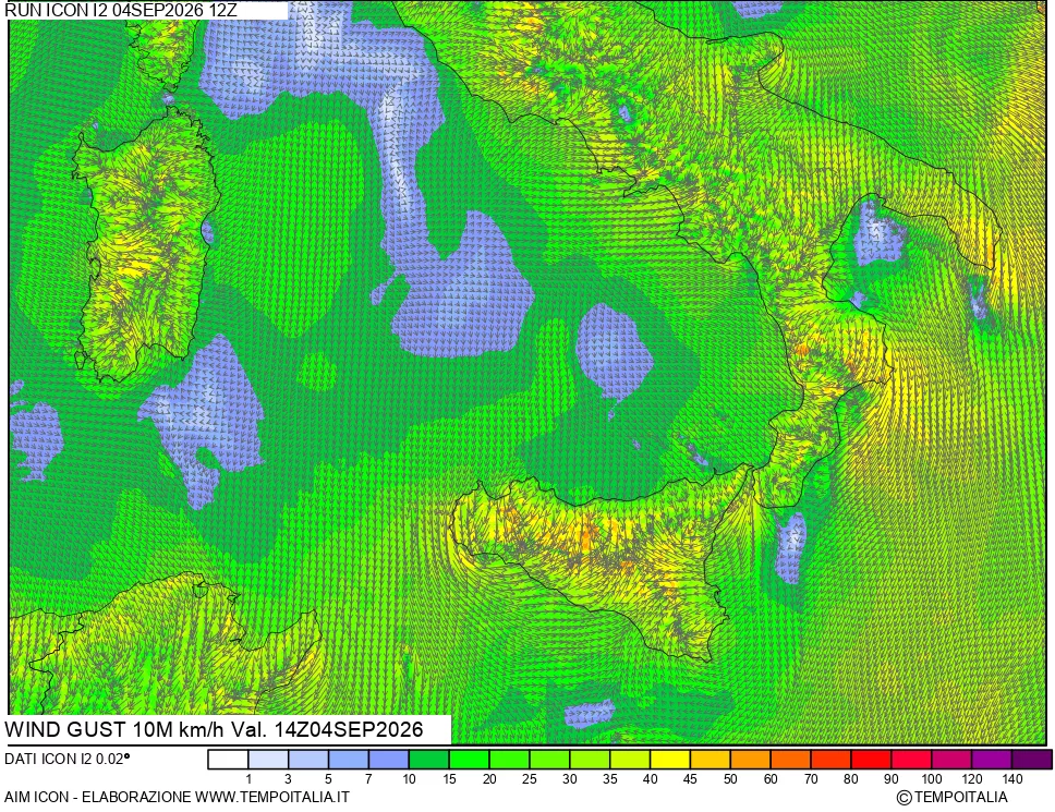 mappa 10 m Vento raffica massima