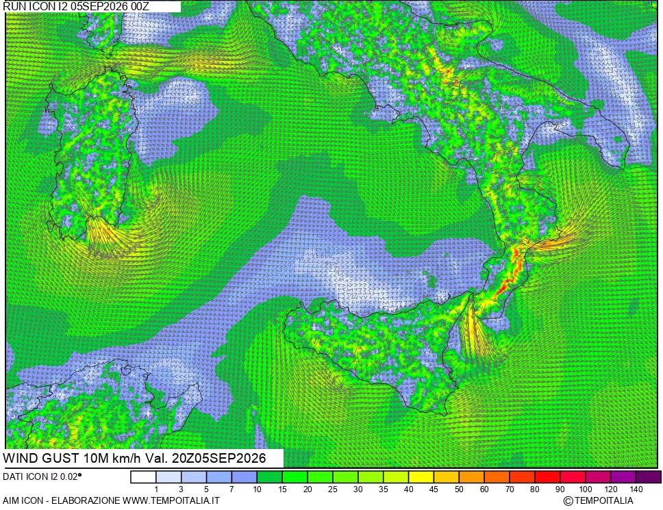 mappa 10 m Vento raffica massima