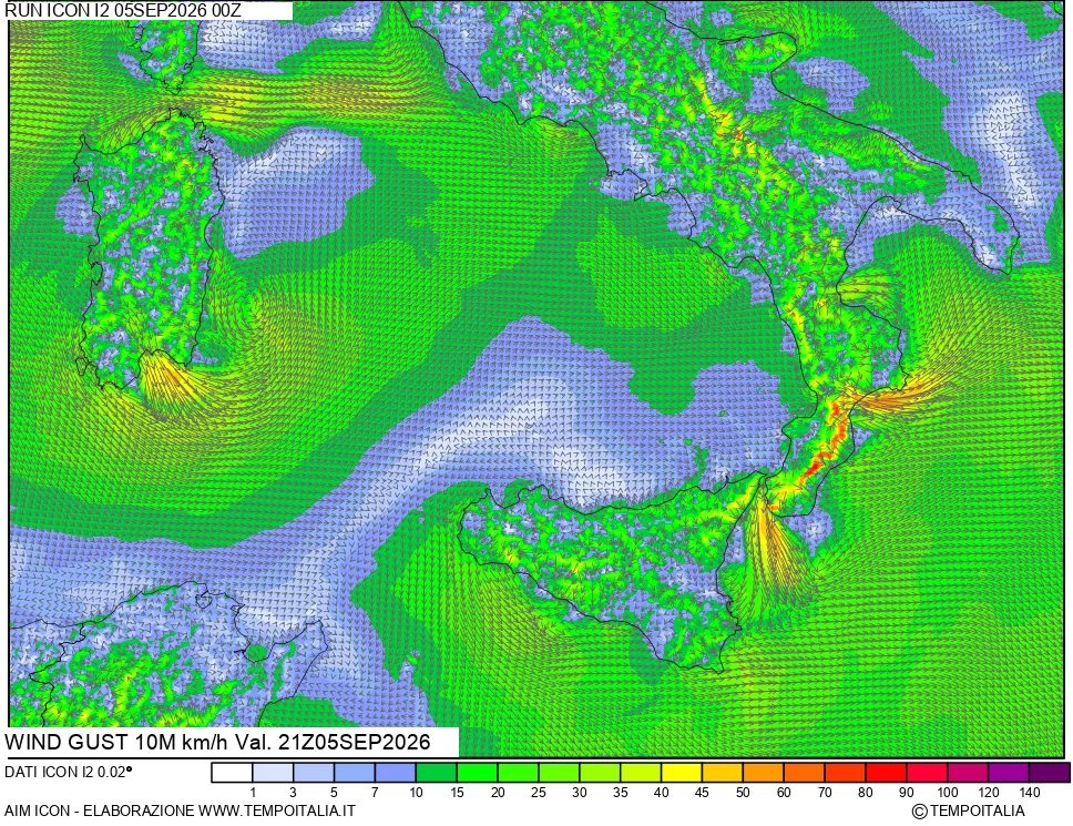 mappa 10 m Vento raffica massima