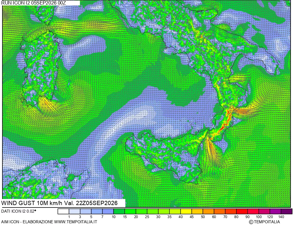 mappa 10 m Vento raffica massima
