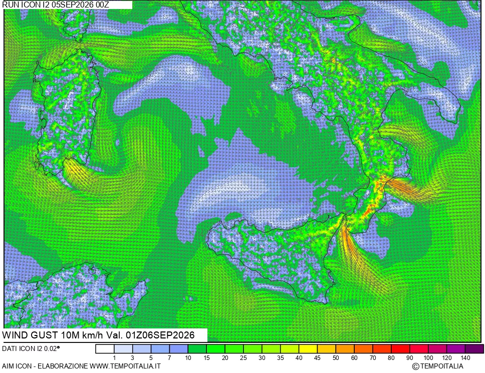 mappa 10 m Vento raffica massima