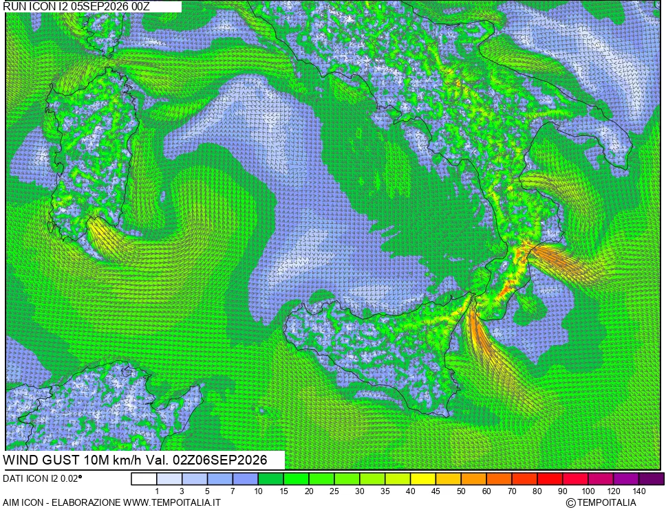 mappa 10 m Vento raffica massima