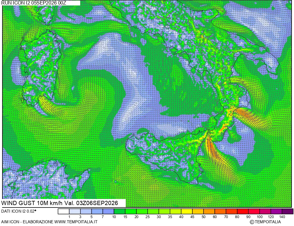 mappa 10 m Vento raffica massima
