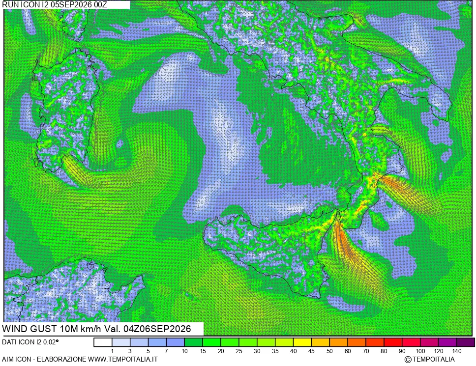 mappa 10 m Vento raffica massima