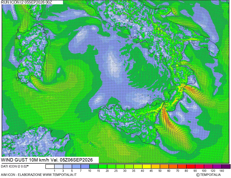 mappa 10 m Vento raffica massima