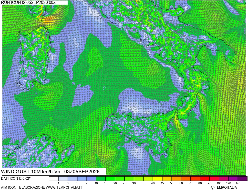 mappa 10 m Vento raffica massima
